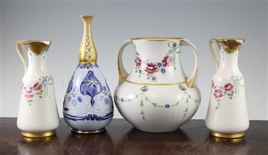 William Moorcroft for James Macintyre. An 18th century pattern two handled vase, two similar ewers and a gesso faience vase, 25cm, neck